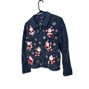 Designers Studio Originals Blue Santa Ice Skating Christmas Sweater Cardigan P/M